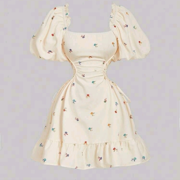 Khaki & Multicolor Floral Print Puff Sleeve Cross Tie Dress, Cute, Boho Style - Picture 2 of 4